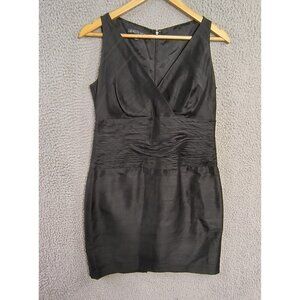 Lafayette 148 Black Sheath Midi Evening Cocktail Dress 6 V Neck Ruched Back Zip